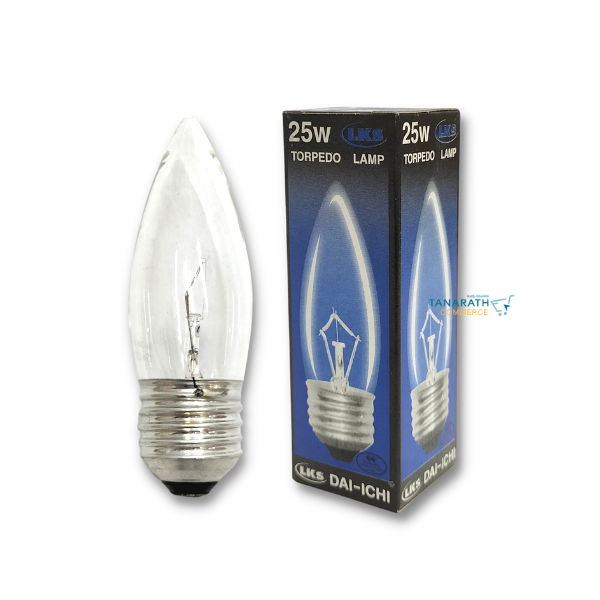 (แพ็ค 20 ดวง) หลอดไส้ หลอดจำปา 25W , 40W ขั้วเกลียว E27 แบบฝ้า แบบใส หลอดไฟรูปทอร์ปิโด แสงสีส้ม ยี่ห้อ DAI-ICHI (ไดอิชิ) (แก้วขุ่น -25 วัตต์)
