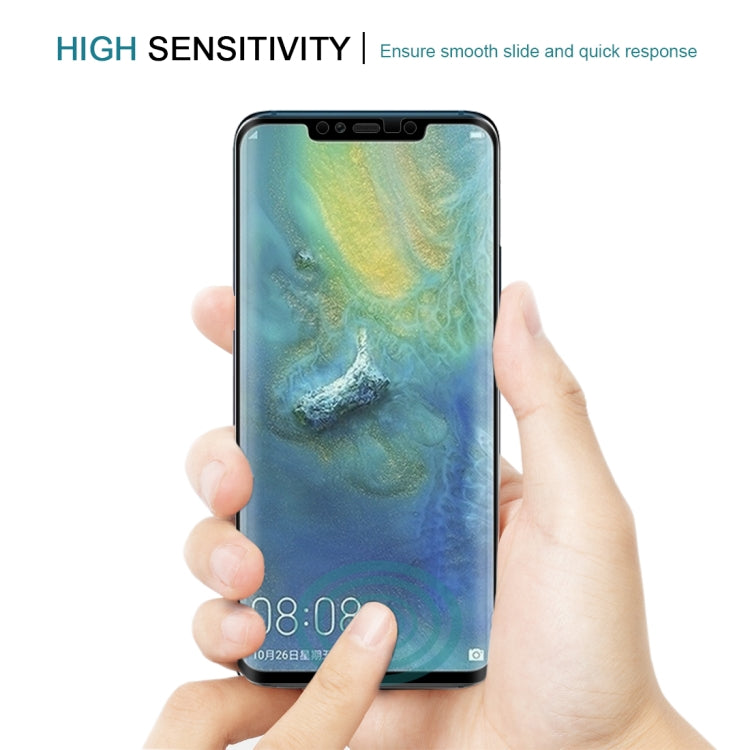 0.3mm 9H ความแข็งพื้นผิว 3D ขอบโค้งแบบเต็มหน้าจอฟิล์มกระจกนิรภัยกันฝุ่นสำหรับ Huawei Mate 20 Pro
