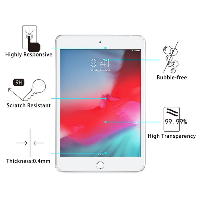 0.4 มม. 9H ความแข็งพื้นผิวฟิล์มกระจกนิรภัยป้องกันการระเบิดสำหรับ iPad mini 5 2019, For iPad mini 5 2019