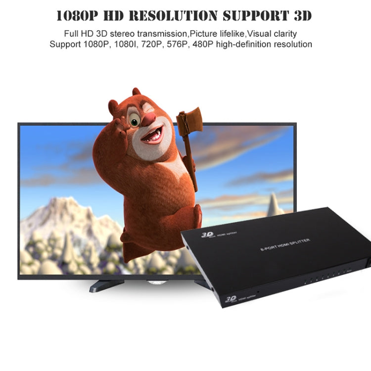 1 x 8 Full HD 1080P ตัวแยกสัญญาณ HDMI พร้อมสวิตช์ เวอร์ชัน V1.4 รองรับ 3D และ 4K x 2K, 1x8 HDMI, Support 4Kx2K