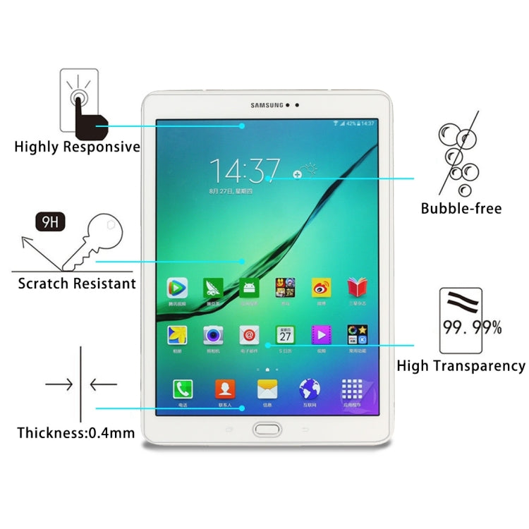 0.4mm 9H ความแข็งพื้นผิวฟิล์มกระจกนิรภัยป้องกันการระเบิดสำหรับ Galaxy Tab S2 9.7 / T810 / T815, For T810